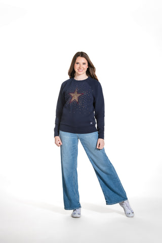 Golden Starlight Relaxed Pullover in Navy Blue