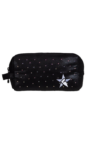 Faux Suede in Black with Crystal Scatter Rebel Makeup Bag with Black Zipper
