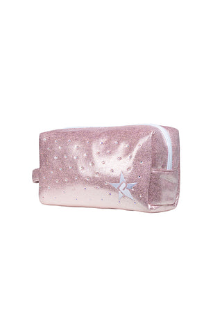 Faux Suede in Pink Champagne with Crystal Scatter Rebel Makeup Bag with White Zipper