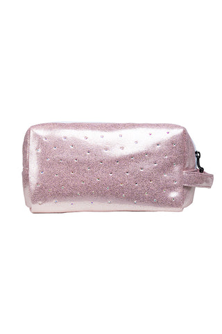 Faux Suede in Pink Champagne with Crystal Scatter Rebel Makeup Bag with White Zipper