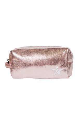 Faux Suede in Pink Champagne Rebel Makeup Bag with White Zipper