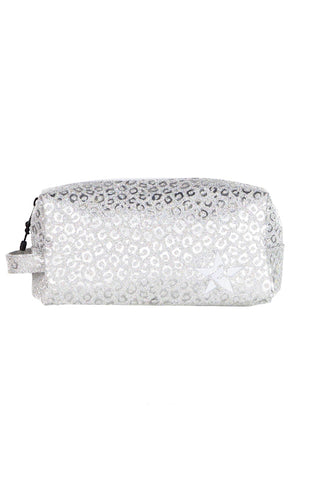 Leopard in Silver Rebel Makeup Bag with White Zipper