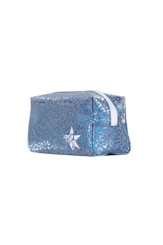 Leopard in Steel Blue Rebel Makeup Bag with White Zipper