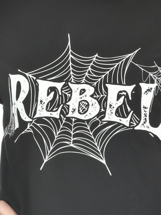Black t-shirt with white spider web design and 'REBEL' text on a black background