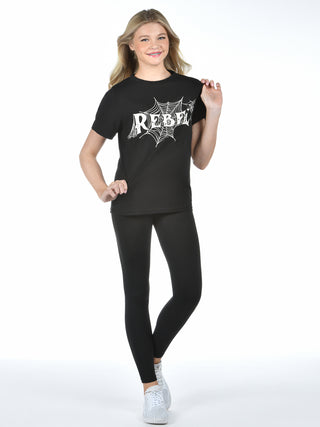 Person wearing a black t-shirt with 'REBEL' printed on it and black leggings against a white background