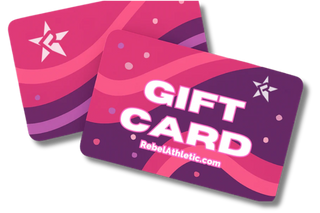 Gift card with pink and purple design and 'Rebel Athletic' branding on a white background
