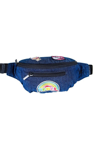 Denim Adult Rebel Fanny Pack with Patches with Black Zipper