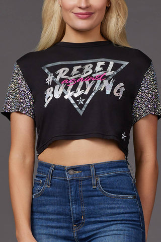 Mesh Crystal Couture Rebel Against Bullying Cropped Tee - Special Order