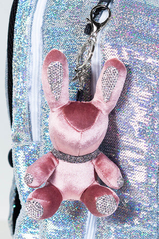 pink bunny keychain with crystal ears and paws