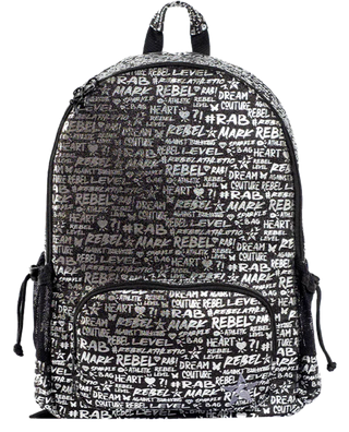  A black and silver backpack with text design featuring words like "REBEL"  and "DREAM." It has a front zippered pocket and side drawstrings.