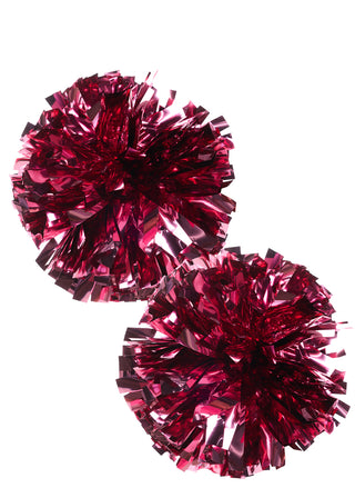 Two red metallic pom-poms on a white background