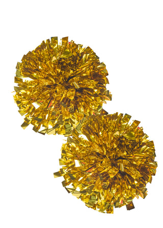 Two gold metallic pom-poms on a white background