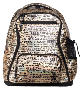 A gold and black backpack featuring words like "REBEL and "DREAM," with multiple zippered compartments and a mesh side pocket.
