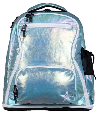 A metallic pastel blue backpack with multiple zippered compartments, a mesh side pocket, and a white star logo on the front