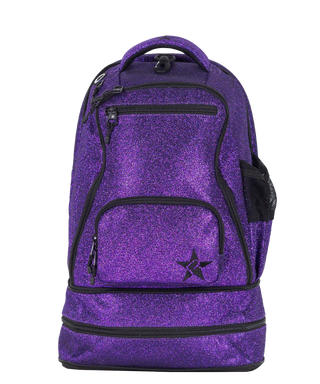 A purple glittery backpack with multiple zippered compartments, a mesh side pocket, and a black star logo on the front