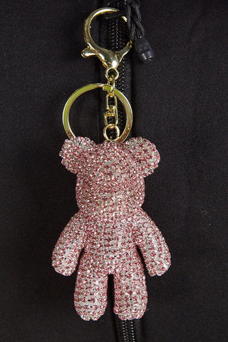 Crystal Bear Keychain with Crystal Charm in Pink