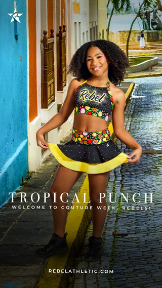 Woman in colorful athletic outfit with 'Rebel' branding on a tropical setting