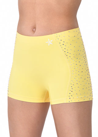 Yellow shorts with a star design on a white background