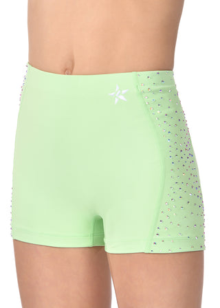 Light green shorts with star embellishments on a white background