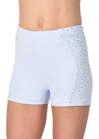 Light blue shorts with a subtle pattern on a white background