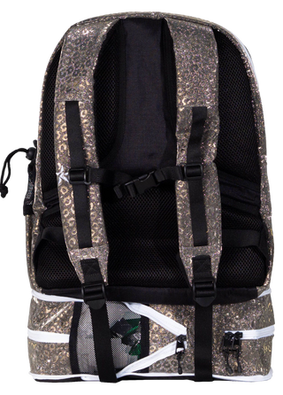 A glittery leopard-print backpack shown from the back, featuring padded straps, a chest buckle and zippered compartments.