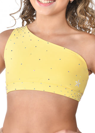 Yellow one-shoulder top with star pattern on a white background