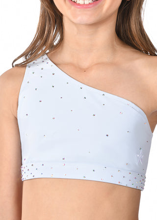 Light blue sports bra with small multicolored patterns worn by a person.
