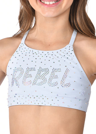 Light blue sports bra with 'REBEL' text and rhinestone details on a white background