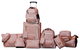 A set of rose gold glittery luggage and bags, including a rolling suitcase, backpacks, tote bag, duffle bag, fanny pack, and cosmetic pouches, all with white accents and a star logo.
