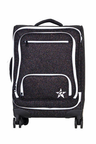 A black wheeled suitcase with a textured speckled pattern, featuring white piping outlines and a white star logo on the front pocket.