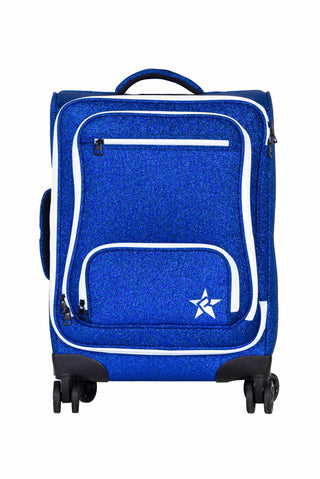 A blue glittery spinner suitcase with white piping and a white star logo on the front pocket, shown against a plain white background.
