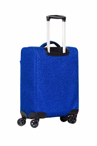 A blue textured hard-shell suitcase with black trim, a silver telescopic handle, and four spinner wheels, shown on a plain white background.