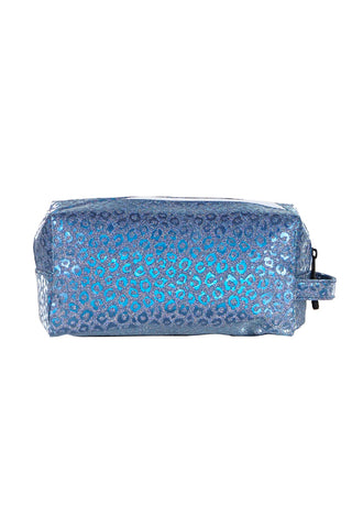 Leopard in Steel Blue Rebel Makeup Bag with White Zipper