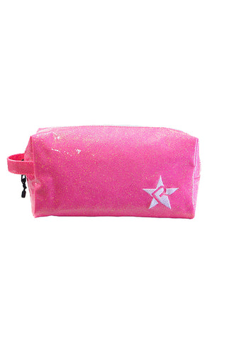 Glossy Neon Pink Rebel Makeup Bag with White Zipper