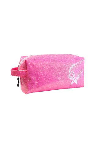 Glossy Neon Pink Rebel Makeup Bag with White Zipper