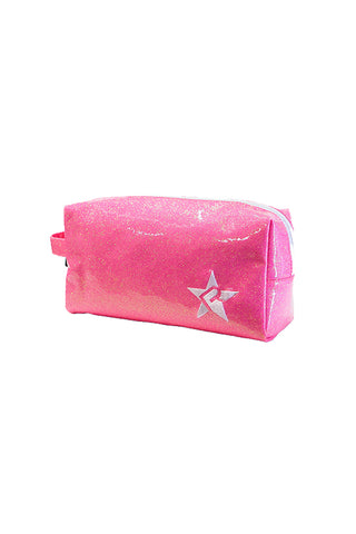 Glossy Neon Pink Rebel Makeup Bag with White Zipper