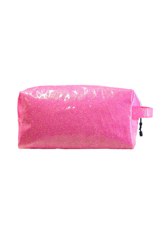 Glossy Neon Pink Rebel Makeup Bag with White Zipper