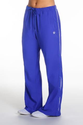 Blue pants with a white logo on a white background