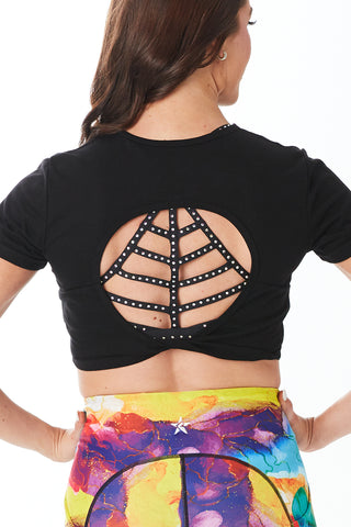 Open Back Cropped Tee in Black Color Pop