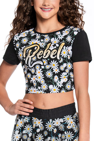 Twist Back Cropped Tee in Black Daisy