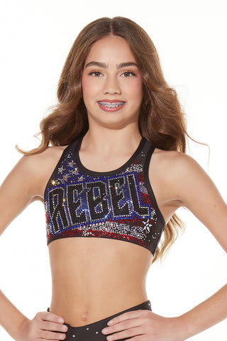 Red, White, and Rebel Racer Back JewelLuxe Sports Bra