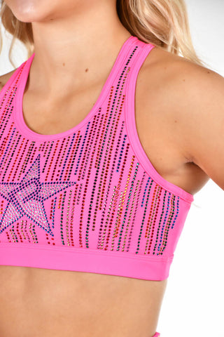 Rainbow Crystal Racer Back Sports Bra in Electric Pink