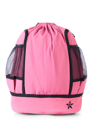 Pink drawstring bag with black mesh sides on a white background