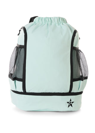 Light blue backpack with black mesh sides and a star logo on a white background