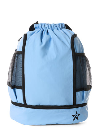Light blue drawstring bag with black mesh sides on a white background