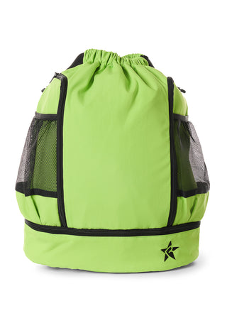 Green drawstring bag with black accents on a white background