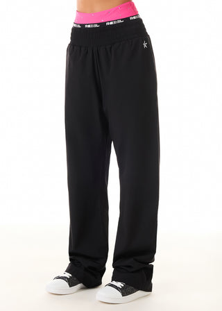 Black pants with a pink waistband on a white background