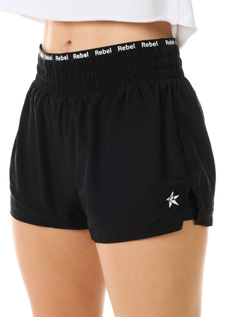Black shorts with a visible brand logo on a white background