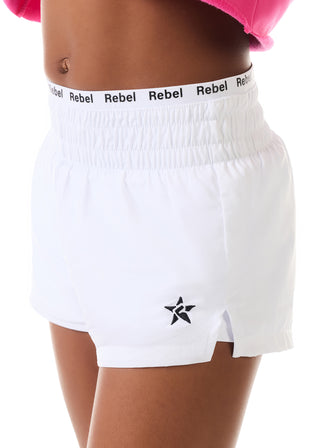 White shorts with 'Rebel' branding on a white background