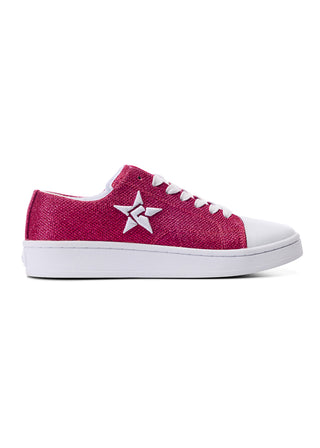 Pink sneaker with a white star logo on a white background